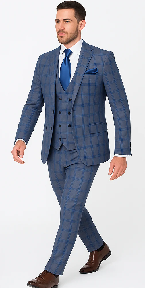Rossi Man MAX RM1823 Slim Fit 3-Piece Blue Plaid Suit – Tailored for Weddings & Business - Image 2
