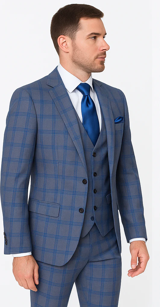 Rossi Man MAX RM1823 Slim Fit 3-Piece Blue Plaid Suit – Tailored for Weddings & Business - Image 3