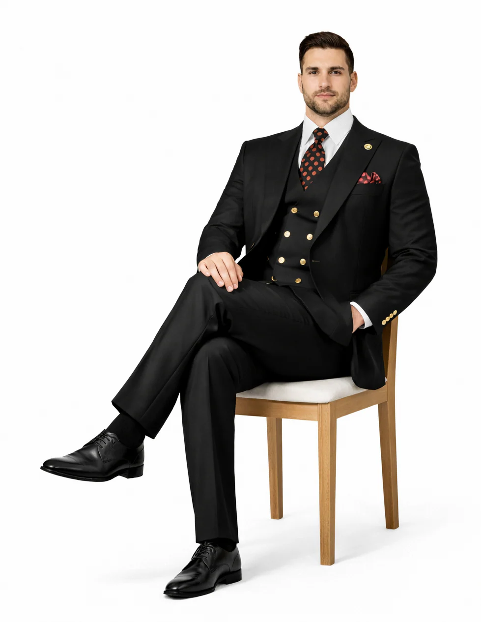 Rossiman Black Suit for Men β Classic 1-Button Peak Lapel Jacket & Double-Breasted Vest - Image 4