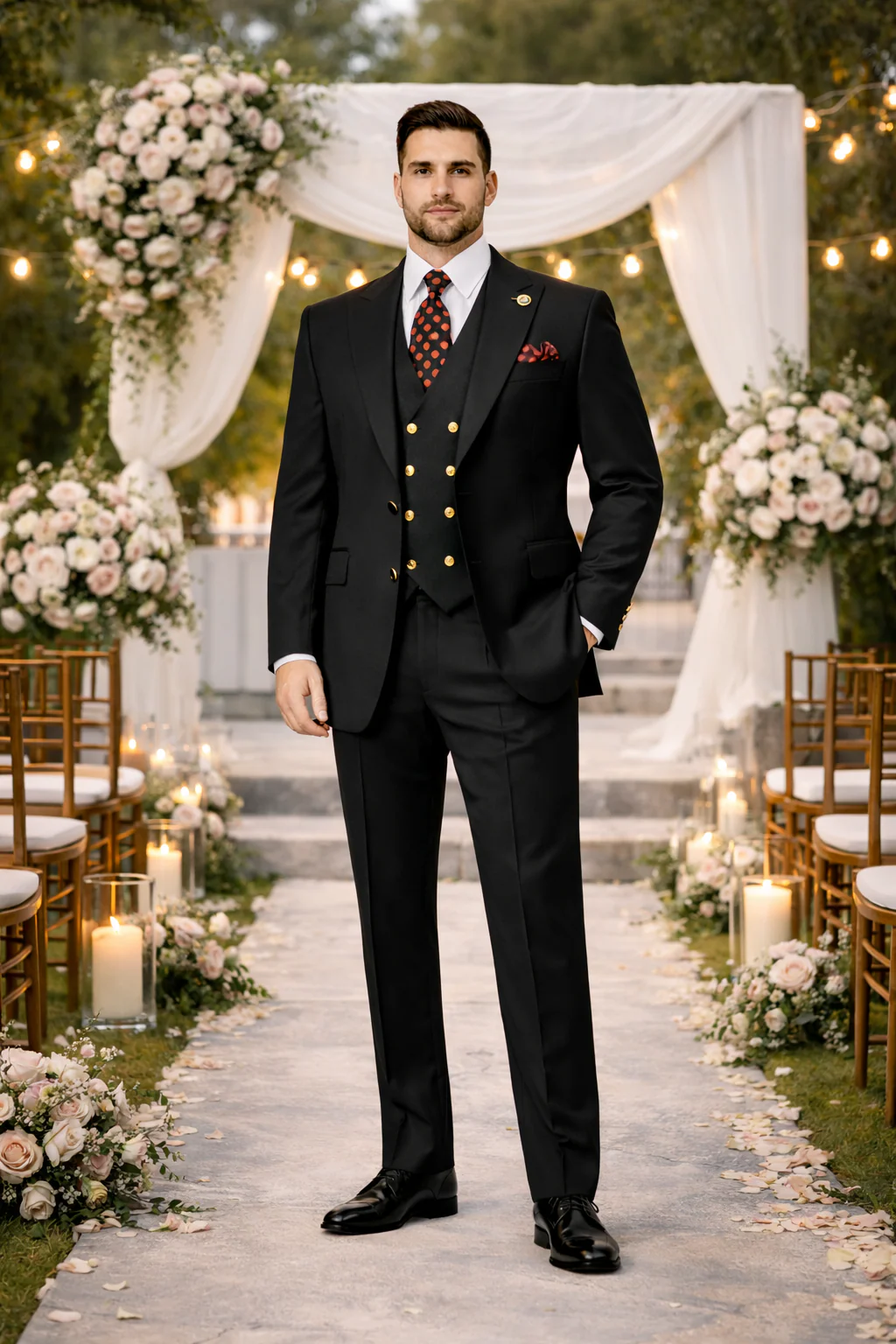 Rossiman Black Suit for Men β Classic 1-Button Peak Lapel Jacket & Double-Breasted Vest - Image 6
