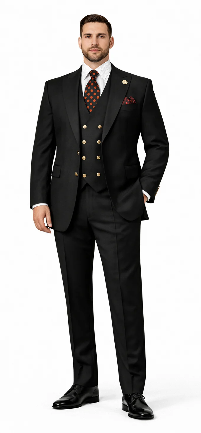 Rossiman Black Suit for Men β Classic 1-Button Peak Lapel Jacket & Double-Breasted Vest - Image 8