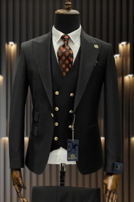 Rossiman Black Suit for Men β Classic 1-Button Peak Lapel Jacket & Double-Breasted Vest - Image 9