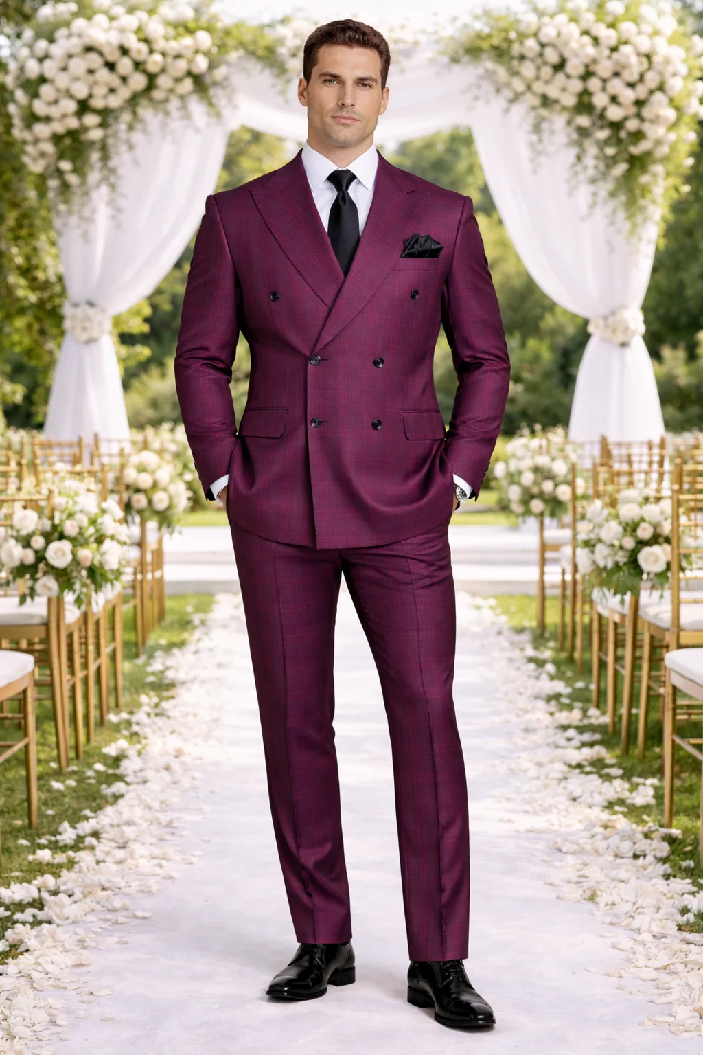 Rossiman Burgundy Suit for Men – Peak Lapel 1-Button Jacket & Double-Breasted Vest - Image 6