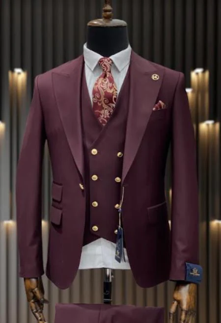 Rossiman Burgundy Suit for Men – Peak Lapel 1-Button Jacket & Double-Breasted Vest - Image 9