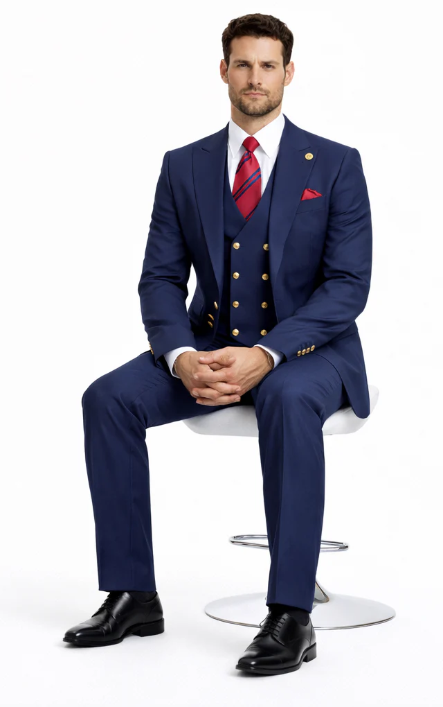 Rossiman Navy Blue Suit for Men – Classic 1-Button Peak Lapel Jacket & Double-Breasted Vest - Image 4