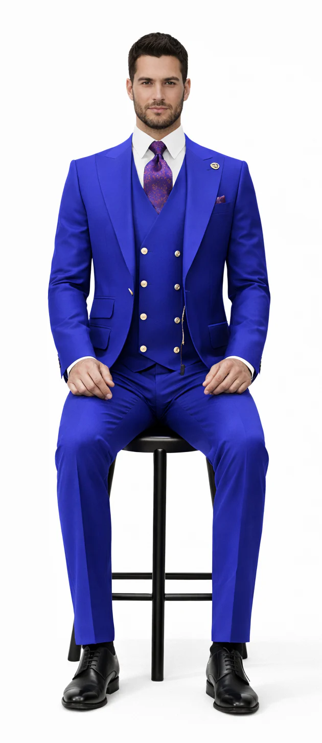 Rossiman Royal Blue Suit for Men – Classic 1-Button Peak Lapel Jacket & Double-Breasted Vest - Image 4