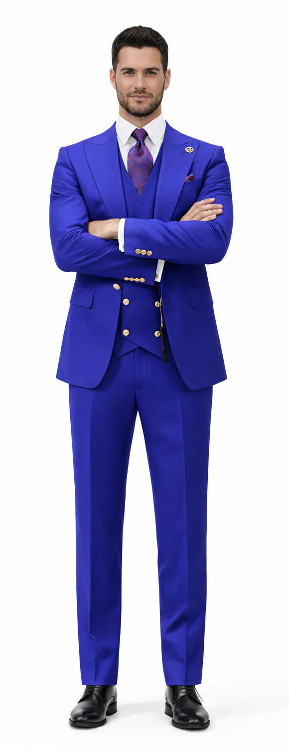 Rossiman Royal Blue Suit for Men – Classic 1-Button Peak Lapel Jacket & Double-Breasted Vest - Image 5