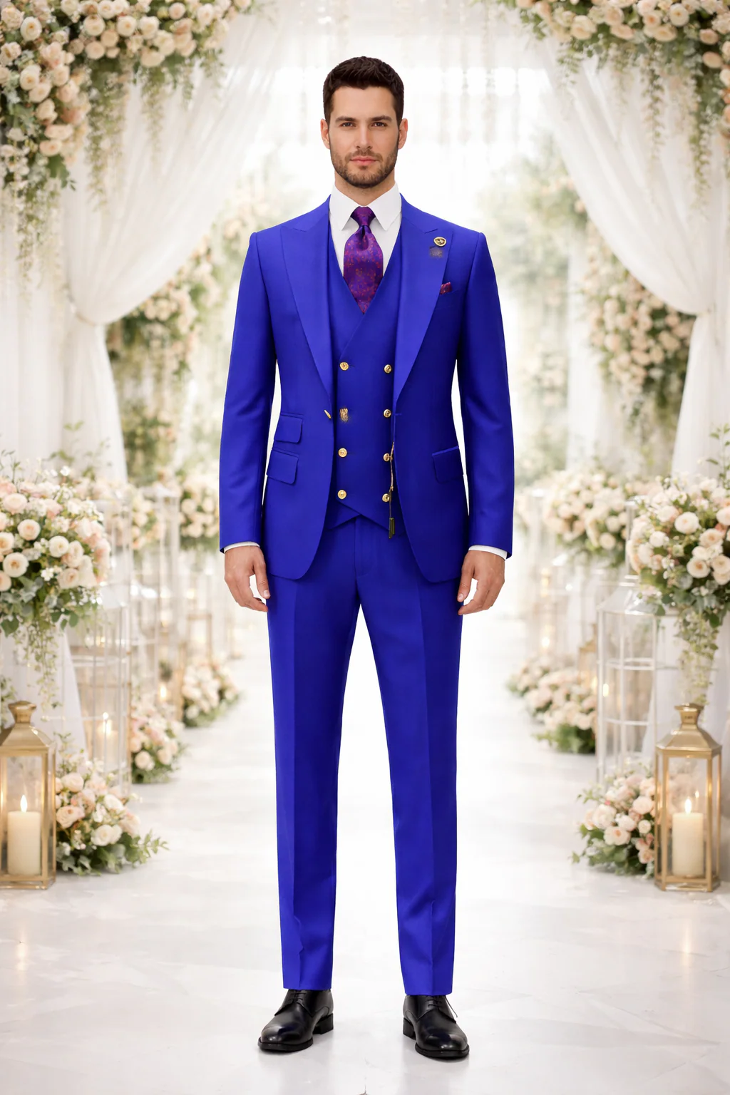 Rossiman Royal Blue Suit for Men – Classic 1-Button Peak Lapel Jacket & Double-Breasted Vest - Image 6