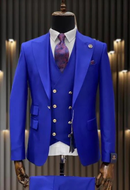 Rossiman Royal Blue Suit for Men – Classic 1-Button Peak Lapel Jacket & Double-Breasted Vest - Image 9