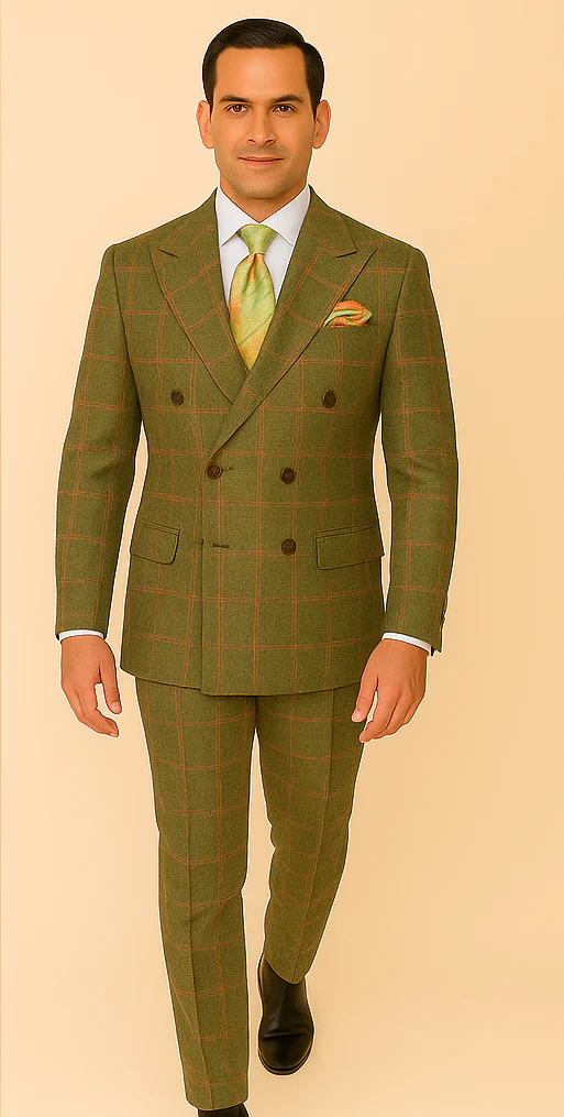 Rossiman Suit – Sage Green & Burnt Orange Windowpane Plaid Double-Breasted Suit - Image 4