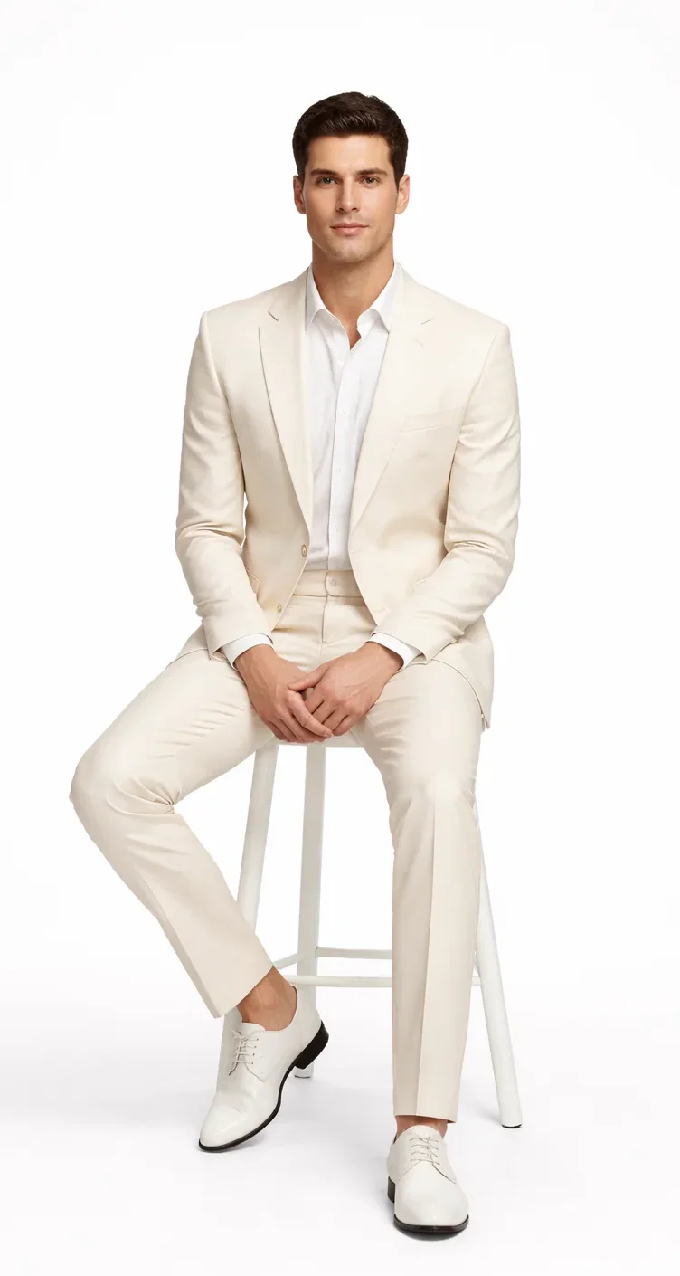 Rossiman Men’s Cream Sateen Suit – Elegant Glossy Formalwear - Image 4