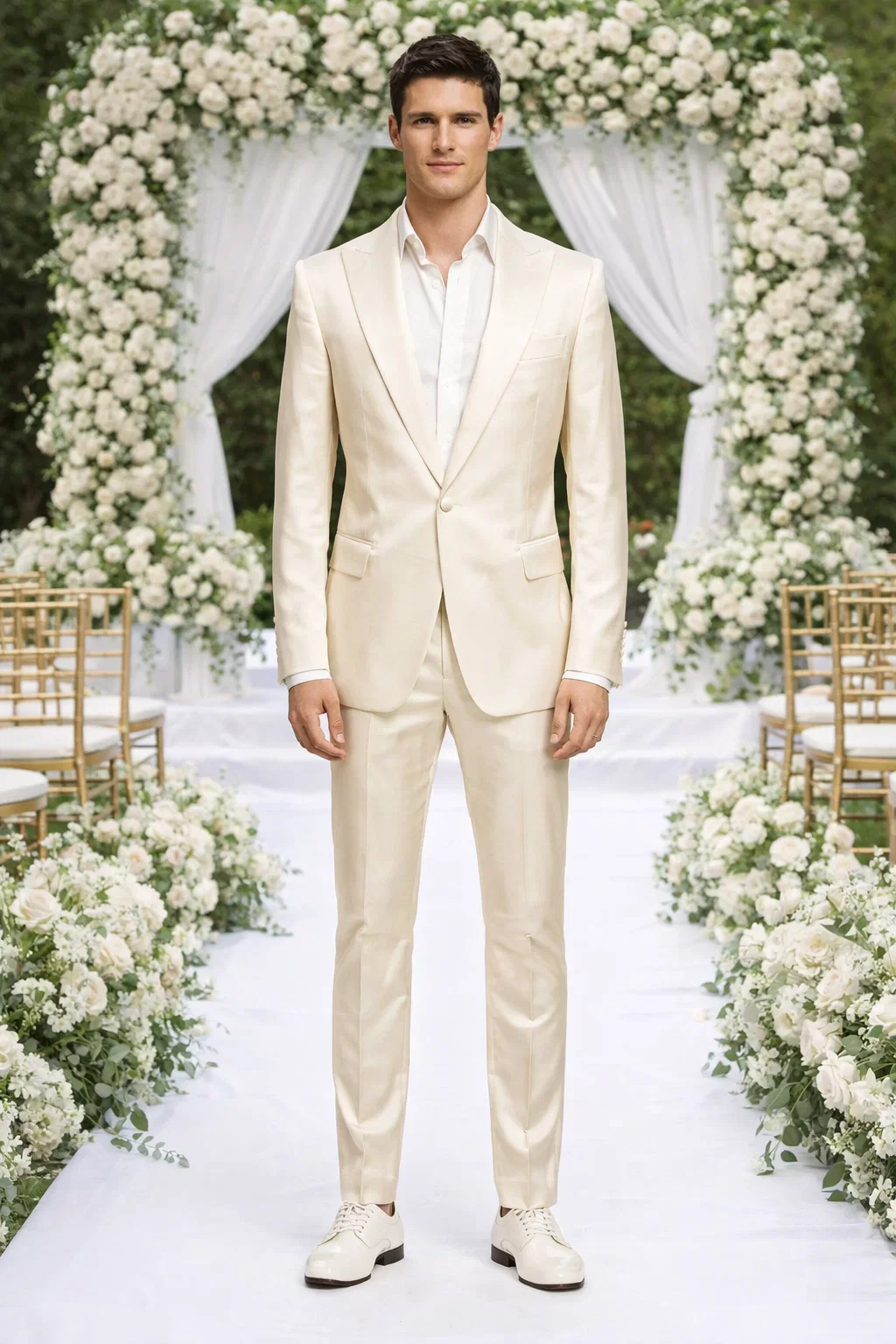 Rossiman Men’s Cream Sateen Suit – Elegant Glossy Formalwear - Image 6