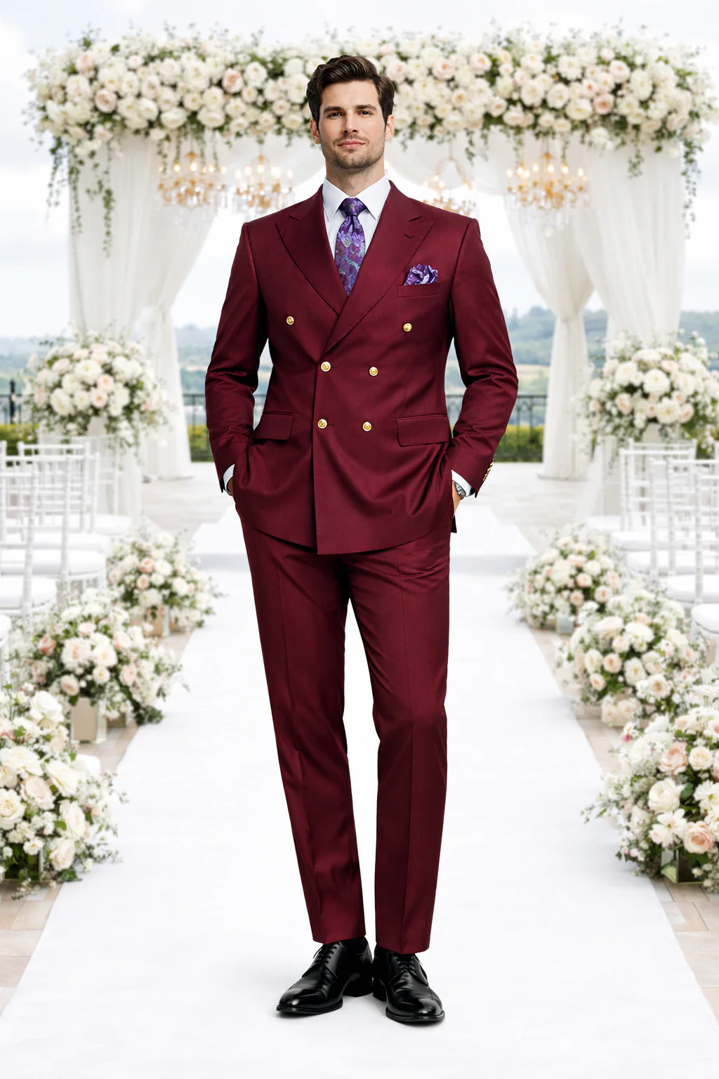 Rossiman Men's Burgundy Slim Fit Formal Suit – Modern Double-Breasted Jacket - Image 6