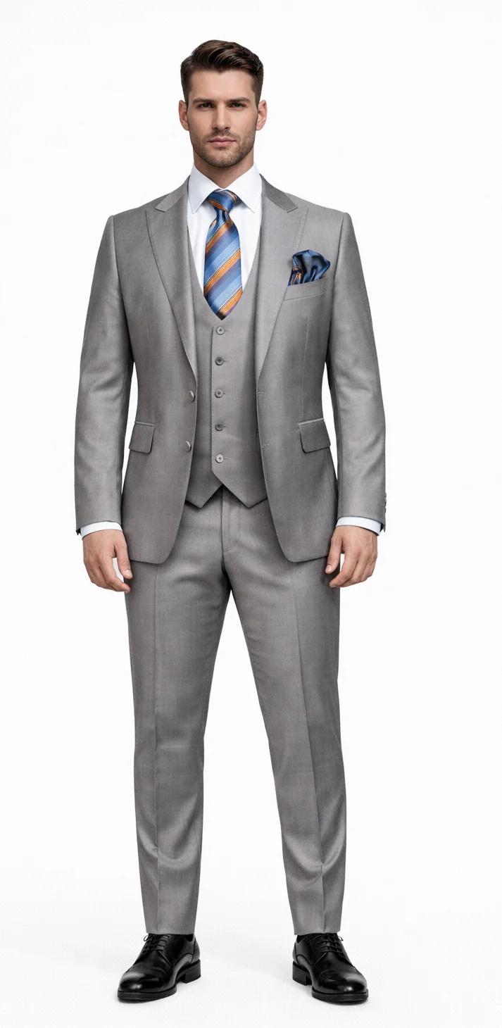 Men's Gray Slim Fit 3-Piece Suit by Rossiman β With Vest & Tailored Trousers