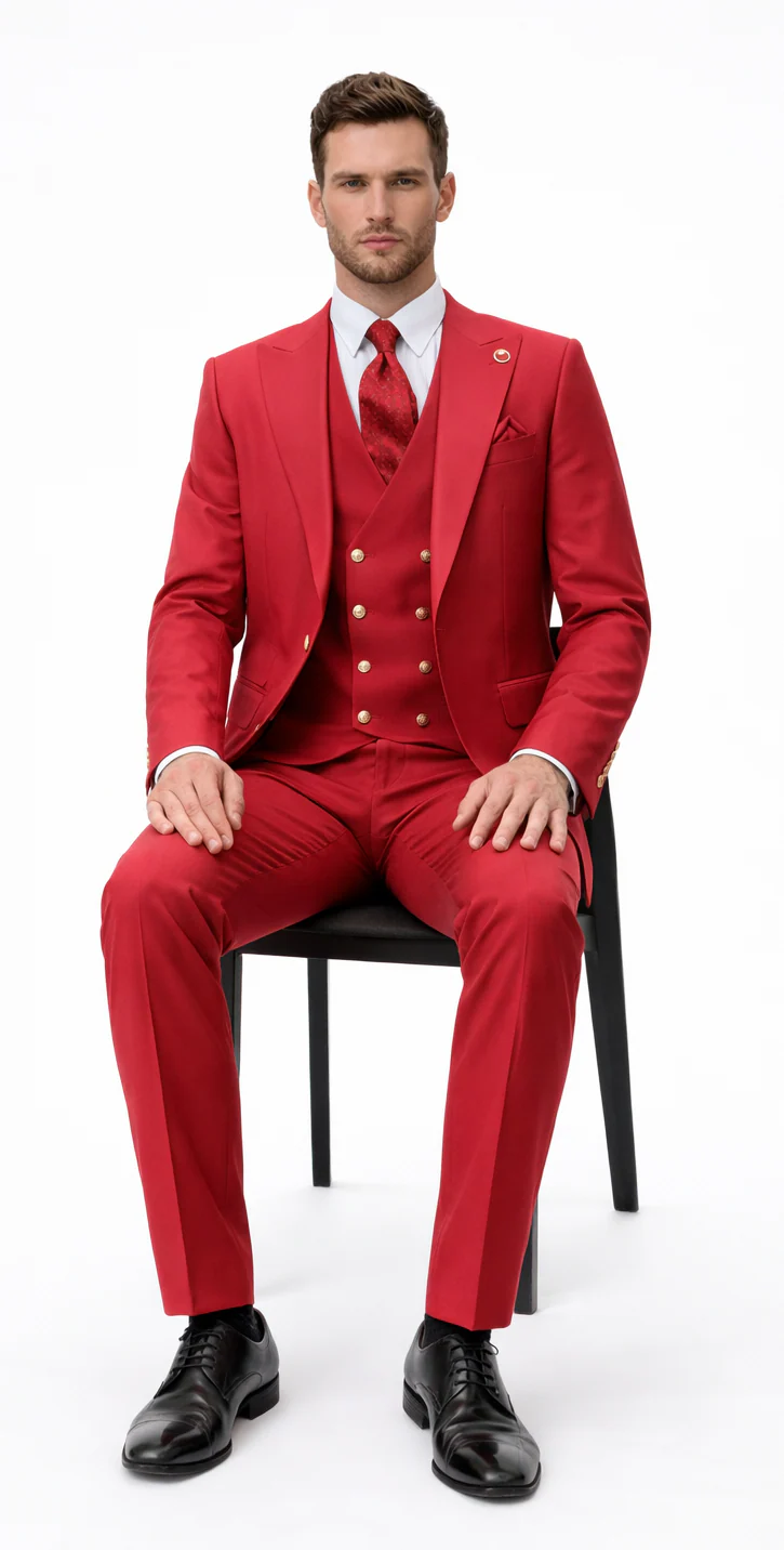Rossiman Men's Red Suit – Stylish 1-Button Peak Lapel Jacket & Double-Breasted Vest - Image 4