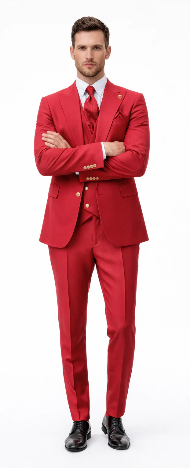 Rossiman Men's Red Suit – Stylish 1-Button Peak Lapel Jacket & Double-Breasted Vest - Image 5