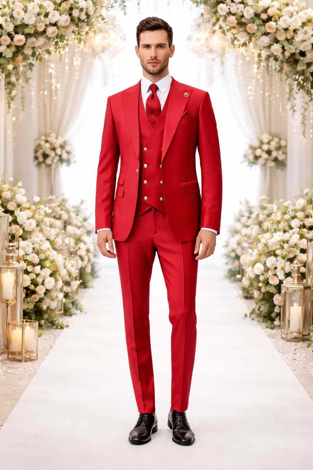 Rossiman Men's Red Suit – Stylish 1-Button Peak Lapel Jacket & Double-Breasted Vest - Image 6