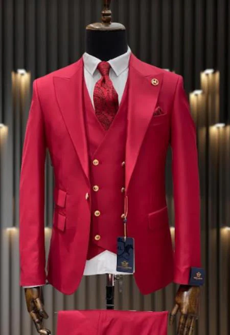 Rossiman Men's Red Suit – Stylish 1-Button Peak Lapel Jacket & Double-Breasted Vest - Image 9