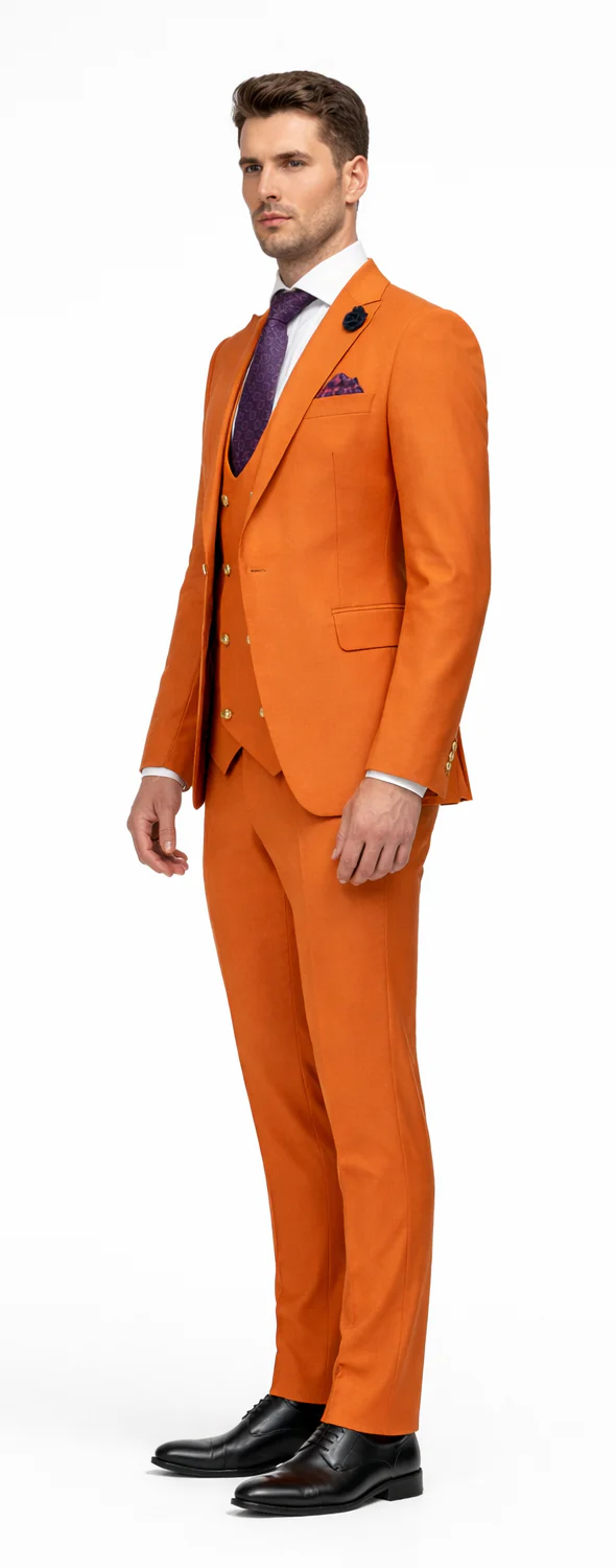 Rossiman Men's Rust Slim Fit Suit – 3-Piece Set with Double-Breasted Vest & Flat Front Pants - Image 3