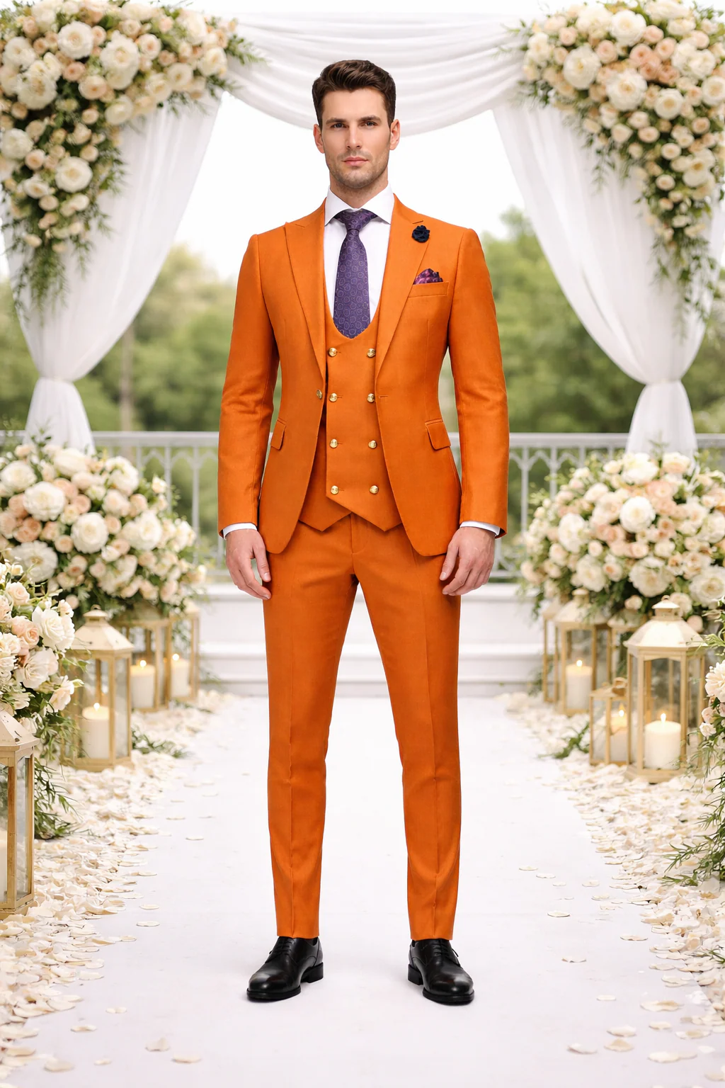 Rossiman Men's Rust Slim Fit Suit – 3-Piece Set with Double-Breasted Vest & Flat Front Pants - Image 6
