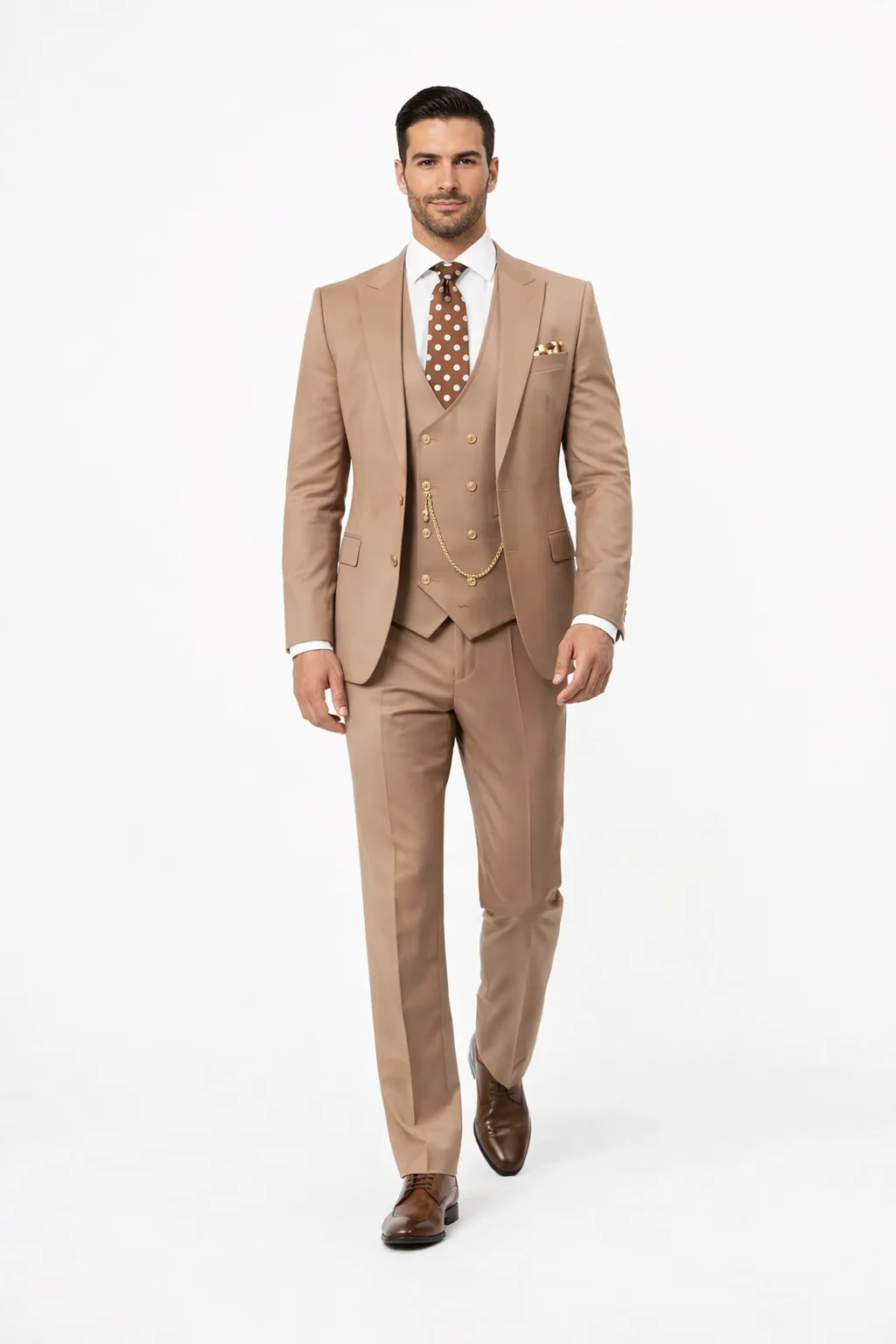 Rossiman Men’s Tan Suit – Gold Buttons & Double-Breasted Vest Elegance - Image 3