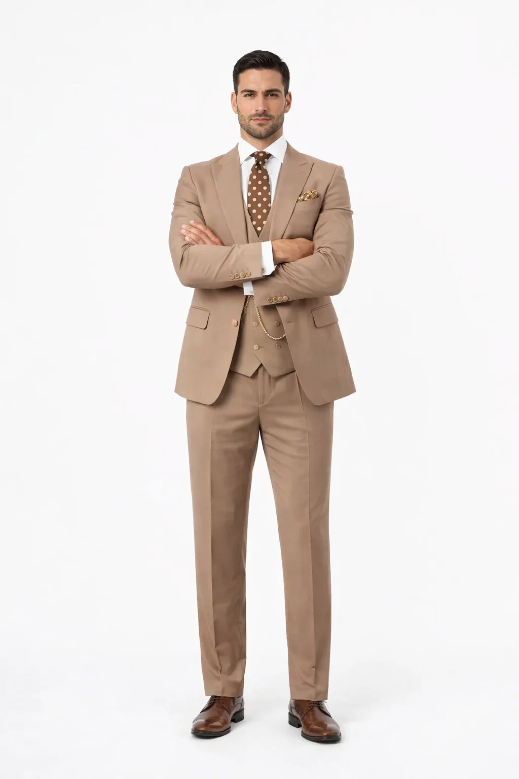 Rossiman Men’s Tan Suit – Gold Buttons & Double-Breasted Vest Elegance - Image 5