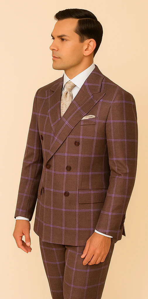 Rossiman Plaid Suit – Gray & Lavender Textured Windowpane Double-Breasted Suit - Image 3