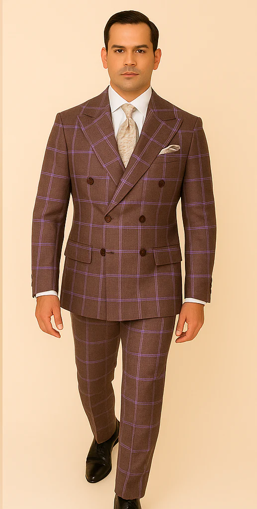 Rossiman Plaid Suit – Gray & Lavender Textured Windowpane Double-Breasted Suit - Image 4
