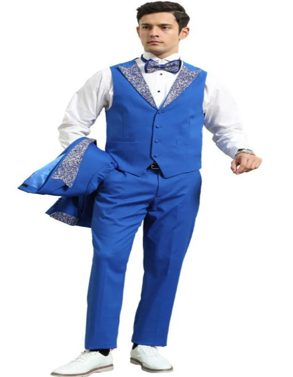 Royal and White Prom Tuxedo - Perfect Wedding Suit Vested rhinestone sequin Lapelled - Image 2