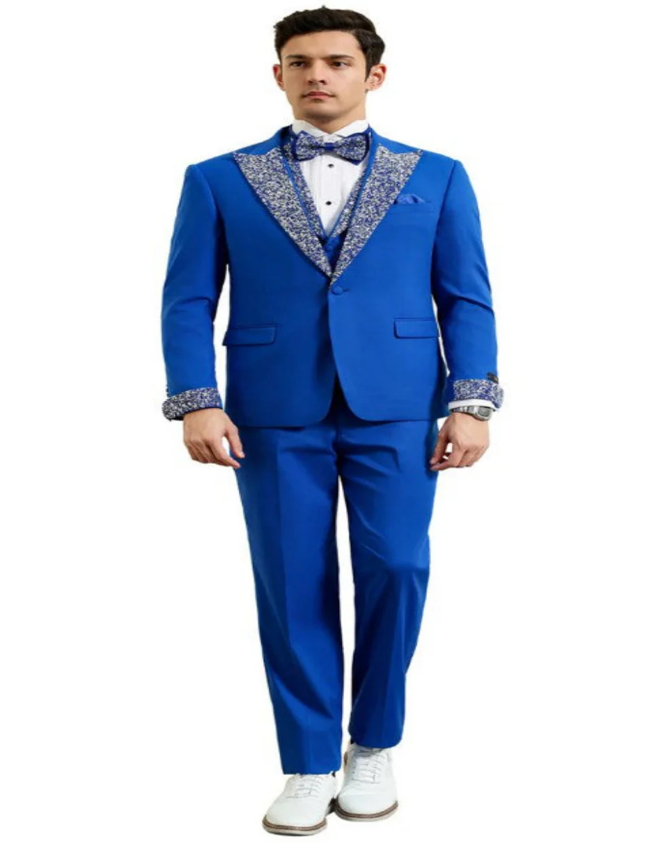 Royal and White Prom Tuxedo - Perfect Wedding Suit Vested rhinestone sequin Lapelled - Image 3
