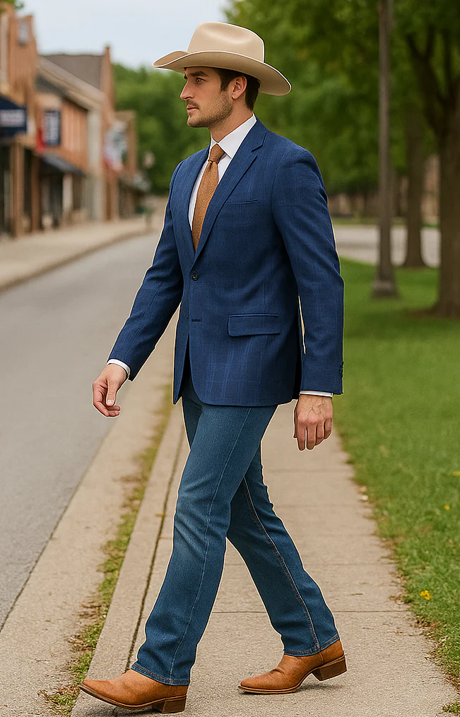 Saco vaquero - Traje Para Hombre - Western Sport Coat - Western Blazer - Mens Designer Two Button Slim Fit Notch Lapel Suit In Dark Blue Windowpane Plaid Weave - Image 2