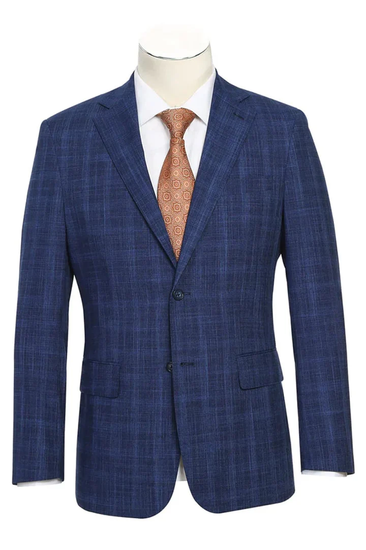 Saco vaquero - Traje Para Hombre - Western Sport Coat - Western Blazer - Mens Designer Two Button Slim Fit Notch Lapel Suit In Dark Blue Windowpane Plaid Weave - Image 3