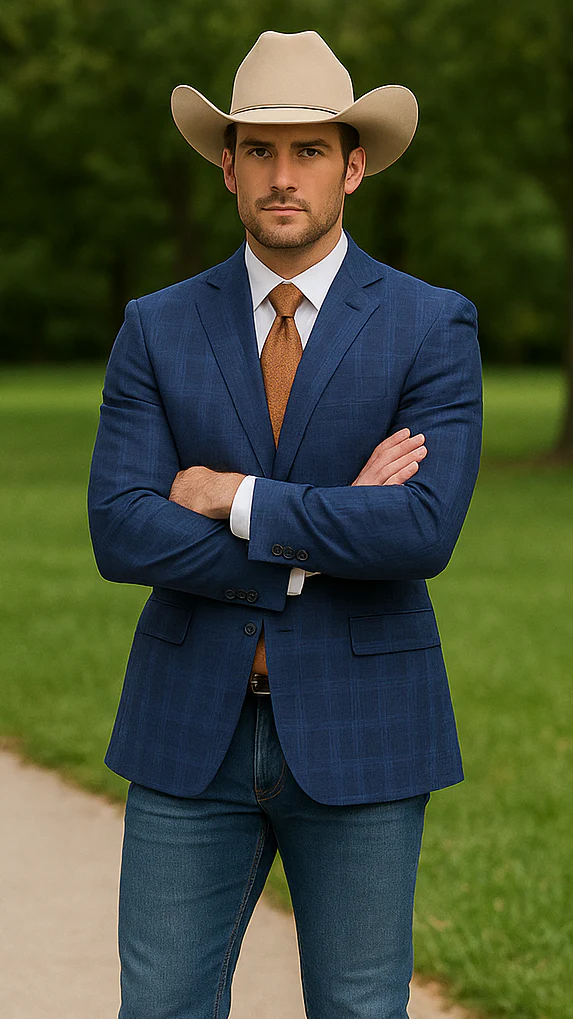 Saco vaquero - Traje Para Hombre - Western Sport Coat - Western Blazer - Mens Designer Two Button Slim Fit Notch Lapel Suit In Dark Blue Windowpane Plaid Weave - Image 4