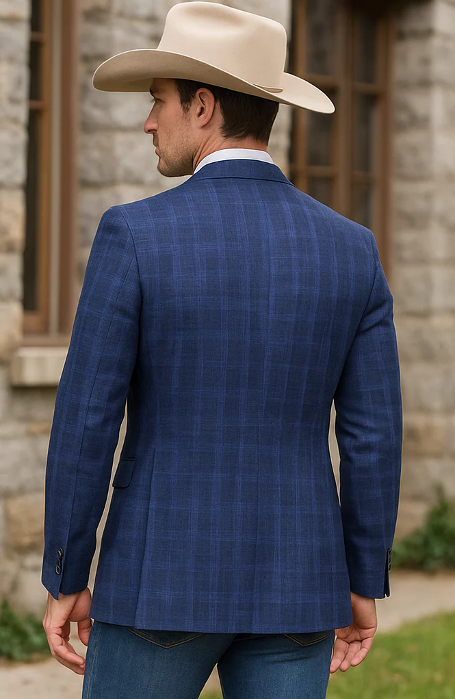 Saco vaquero - Traje Para Hombre - Western Sport Coat - Western Blazer - Mens Designer Two Button Slim Fit Notch Lapel Suit In Dark Blue Windowpane Plaid Weave - Image 5