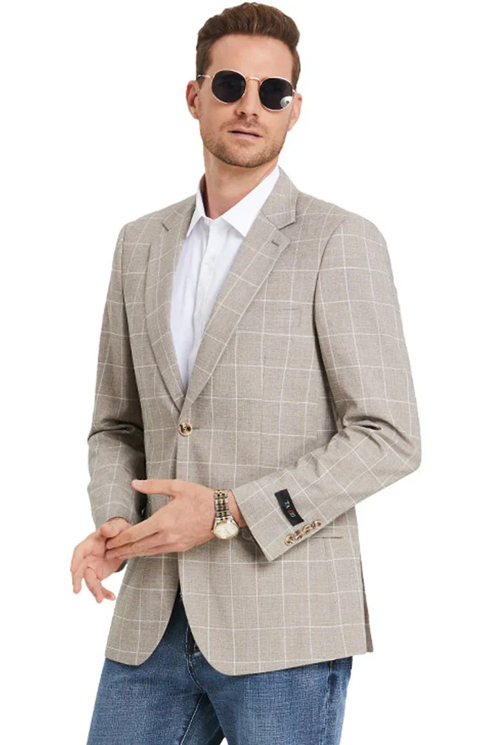 Saco vaquero - Traje Para Hombre - Western Sport Coat - Western Blazer- Men's Slim Fit Business Casual Summer Windowpane Plaid Suit In Light Tan - Image 2