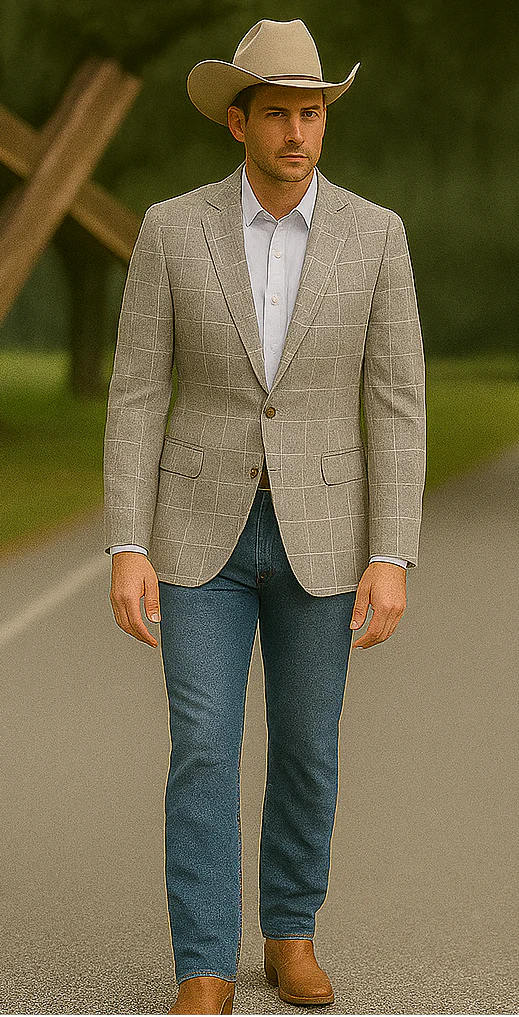 Saco vaquero - Traje Para Hombre - Western Sport Coat - Western Blazer- Men's Slim Fit Business Casual Summer Windowpane Plaid Suit In Light Tan - Image 3