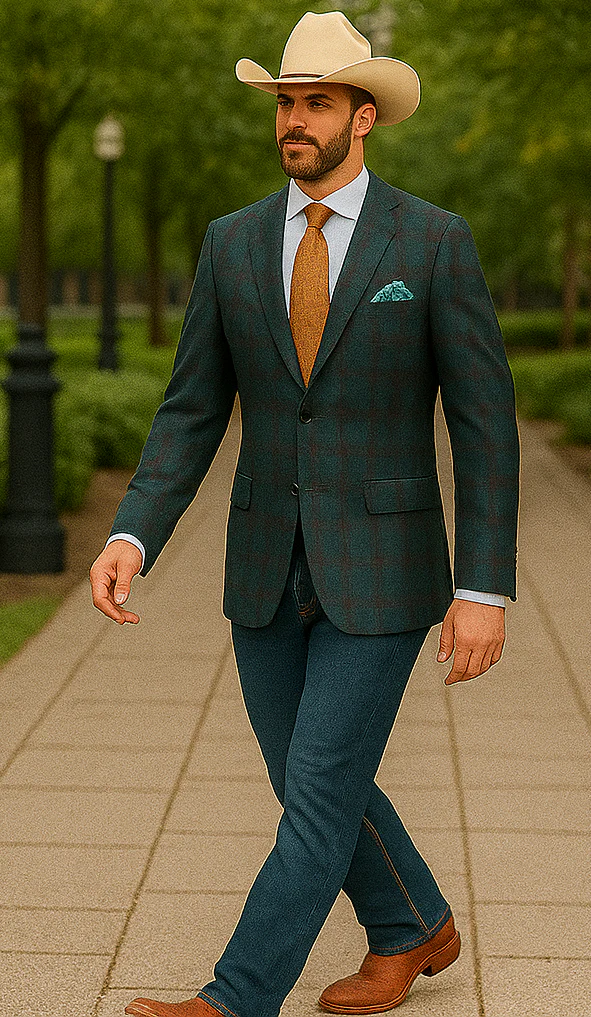 Saco vaquero - Western Sport Coat - Western Blazer- Mens Classic Fit Two Button Wool & Linen Sport Coat Blazer In Teal Blue Windowpane Plaid - Image 8