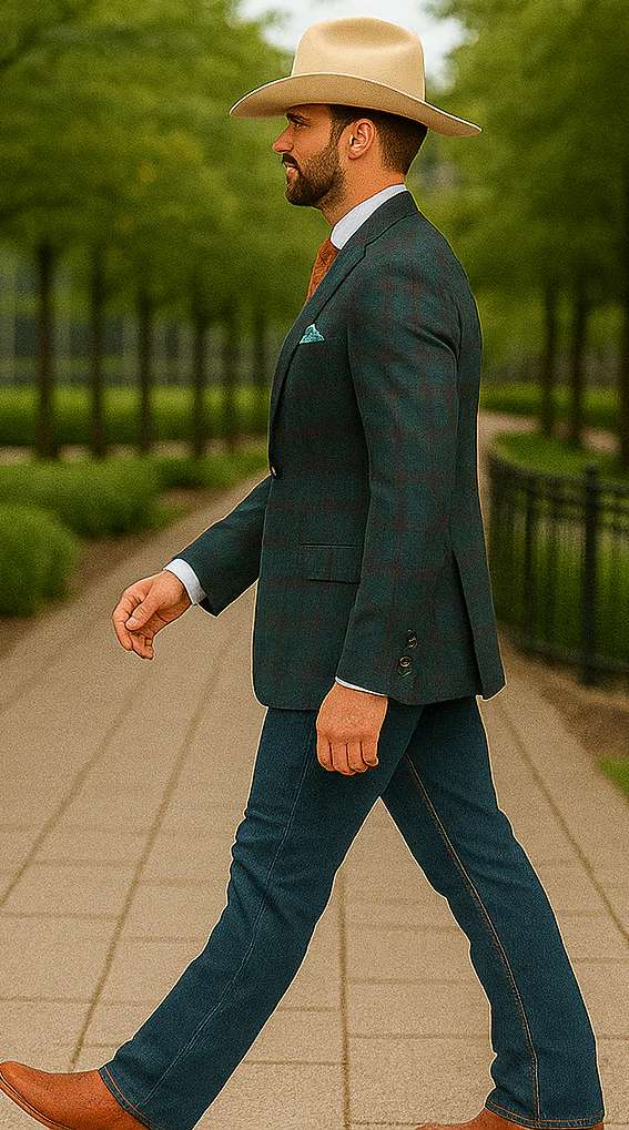 Saco vaquero - Western Sport Coat - Western Blazer- Mens Classic Fit Two Button Wool & Linen Sport Coat Blazer In Teal Blue Windowpane Plaid - Image 9