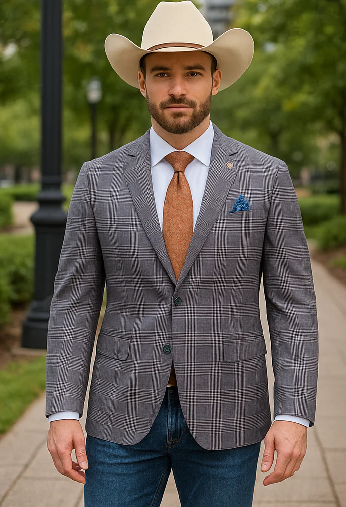Saco vaquero - Western Sport Coat - Western Blazer- Mens Half Canvas Unconstructed Sport Coat Blazer In Grey Blue Windowpane Plaid