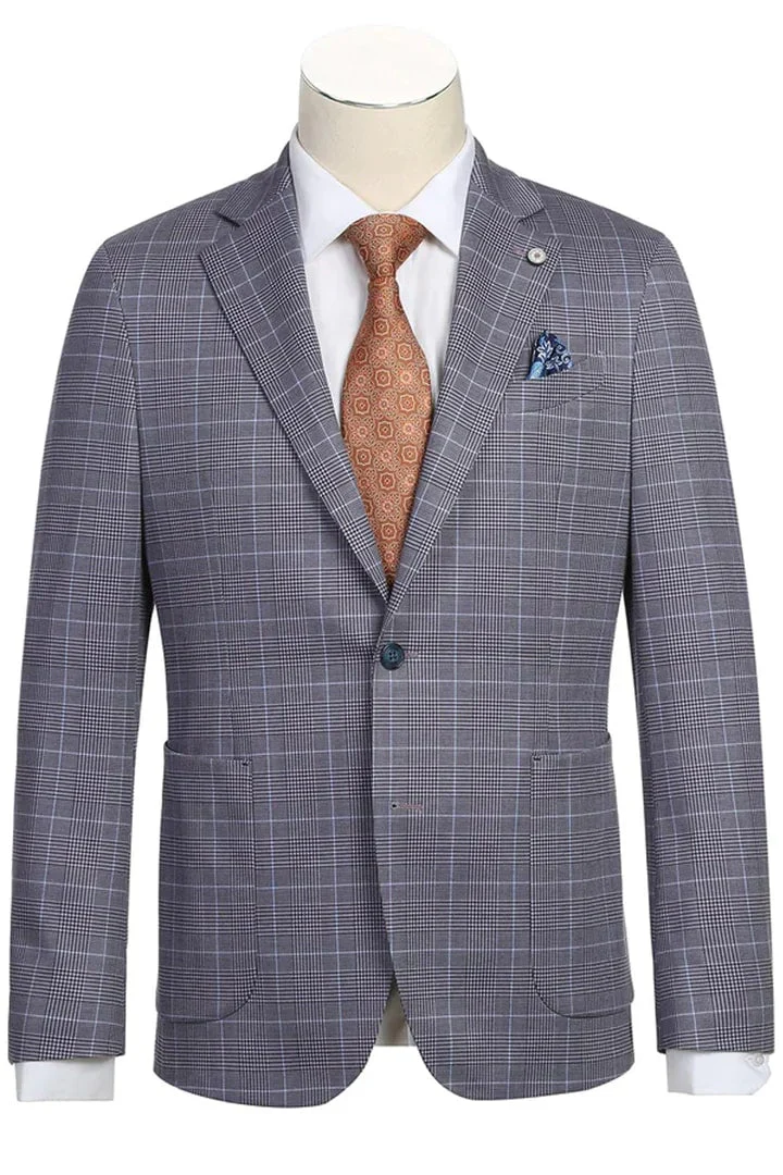 Saco vaquero - Western Sport Coat - Western Blazer- Mens Half Canvas Unconstructed Sport Coat Blazer In Grey Blue Windowpane Plaid - Image 2