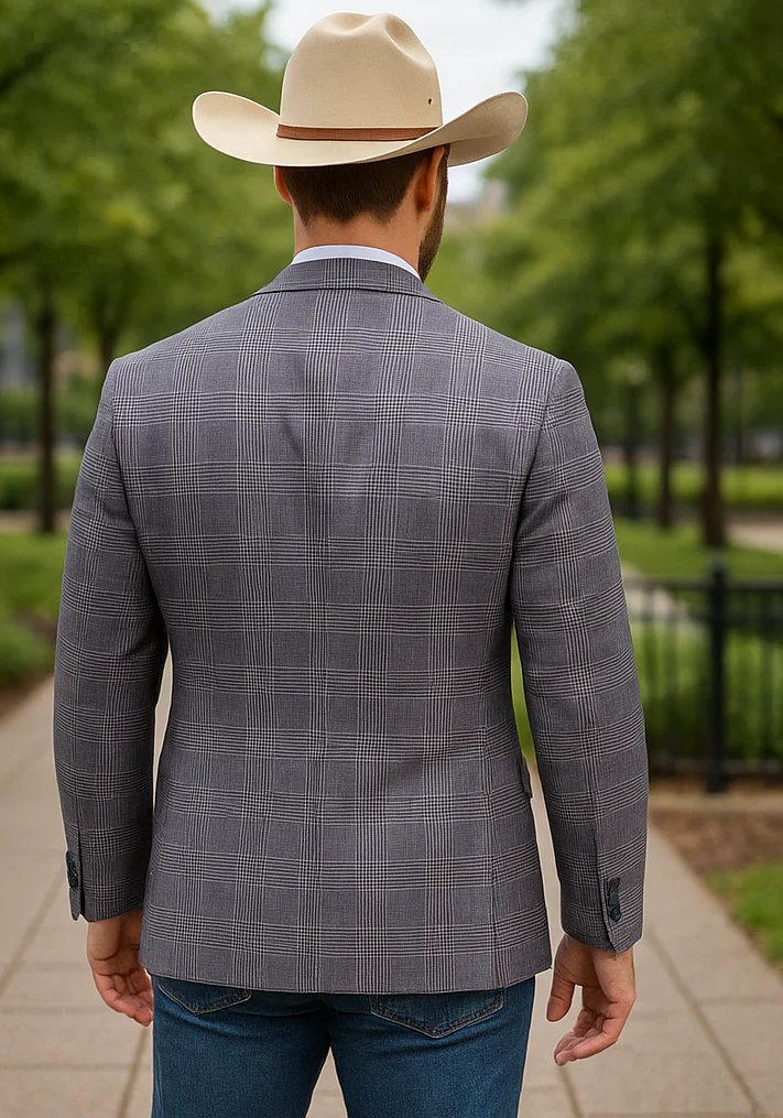 Saco vaquero - Western Sport Coat - Western Blazer- Mens Half Canvas Unconstructed Sport Coat Blazer In Grey Blue Windowpane Plaid - Image 3