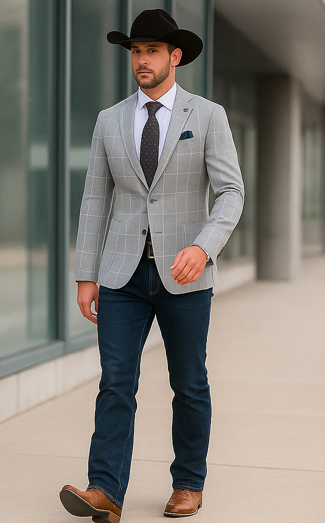 Saco vaquero - Western Sport Coat - Western Blazer- Mens Half Canvas Unconstructed Sport Coat Blazer In Light Grey & White Windowpane Plaid - Image 4