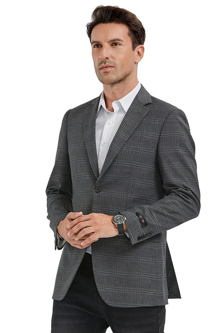 Saco vaquero - Western Sport Coat - Western Blazer - Men's Slim Fit 2 Button Sport Coat Blazer In Grey Windowpane Plaid - Image 2