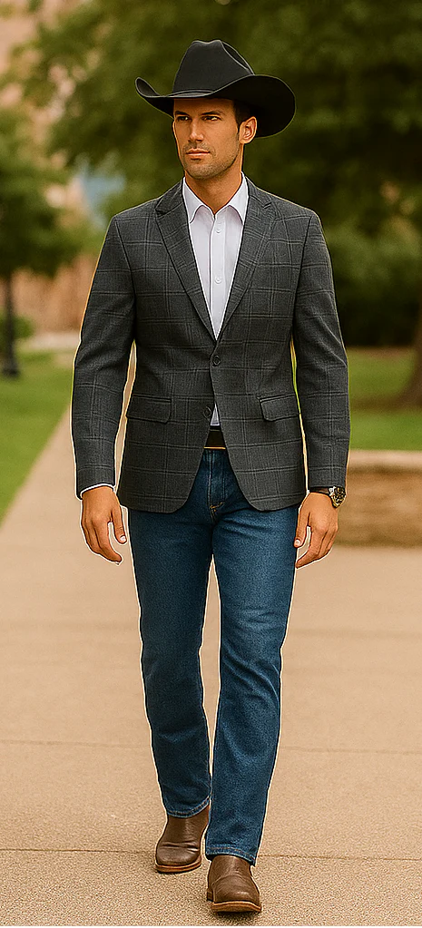 Saco vaquero - Western Sport Coat - Western Blazer - Men's Slim Fit 2 Button Sport Coat Blazer In Grey Windowpane Plaid - Image 3