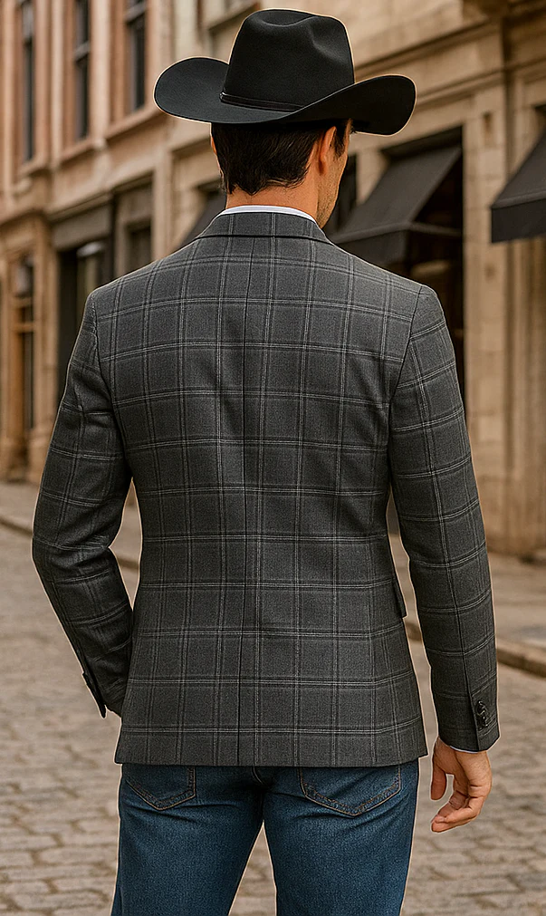 Saco vaquero - Western Sport Coat - Western Blazer - Men's Slim Fit 2 Button Sport Coat Blazer In Grey Windowpane Plaid - Image 5