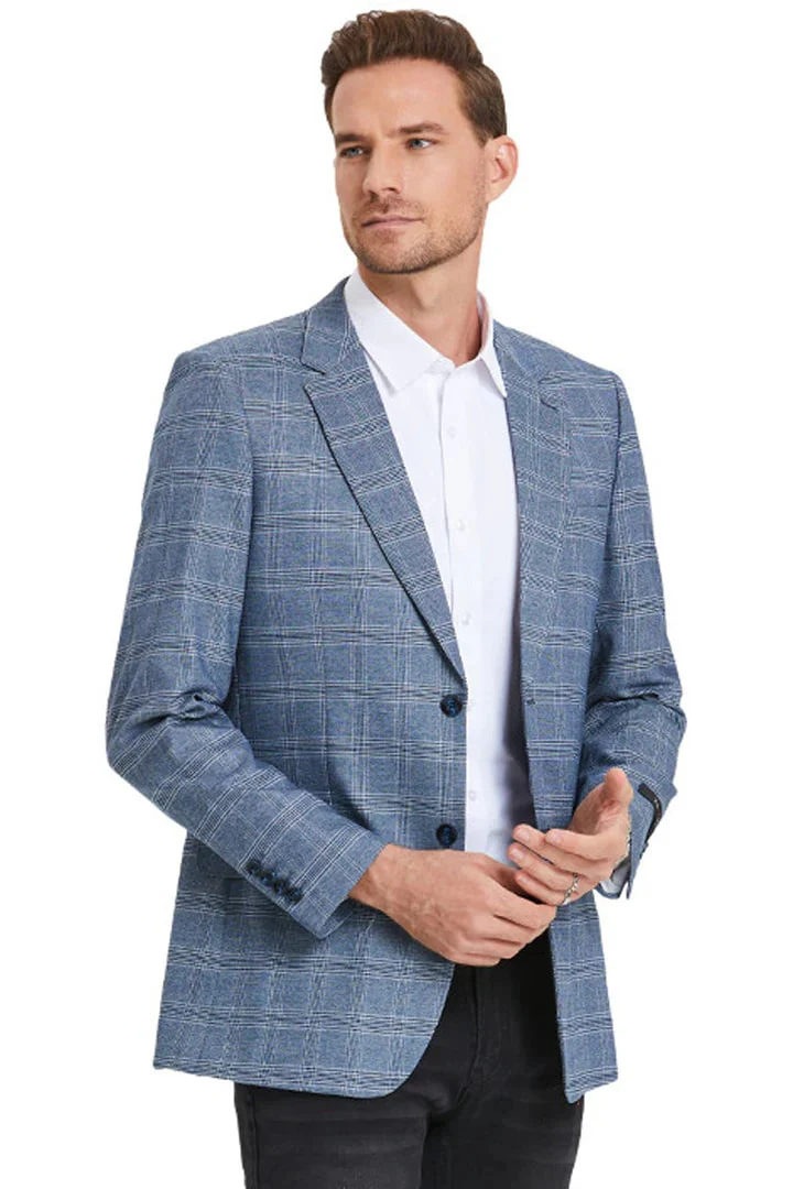 Saco vaquero - Western Sport Coat - Western Blazer- Men's Slim Fit Business Casual Light Blue Plaid Sport Coat - Image 2