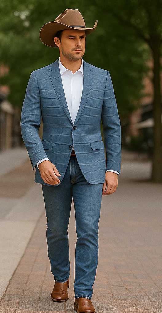Saco vaquero - Western Sport Coat - Western Blazer- Men's Slim Fit Business Casual Light Blue Plaid Sport Coat - Image 3