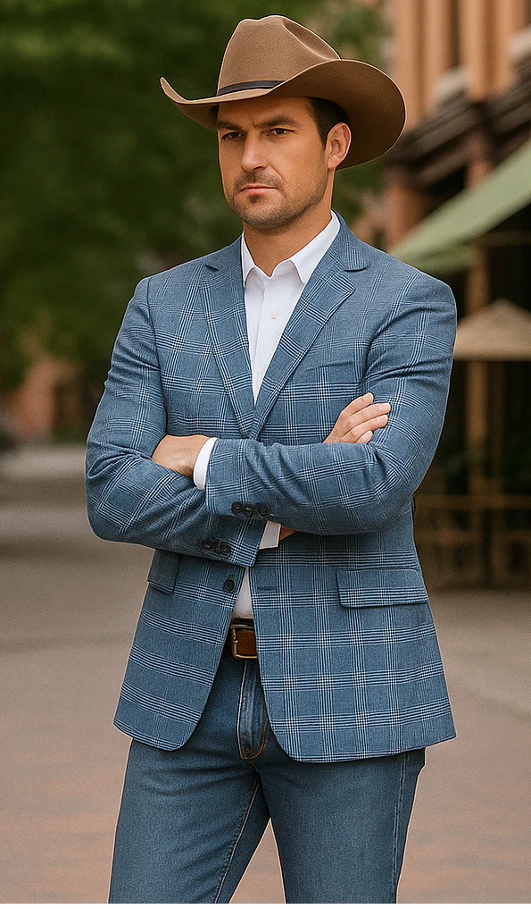 Saco vaquero - Western Sport Coat - Western Blazer- Men's Slim Fit Business Casual Light Blue Plaid Sport Coat - Image 4