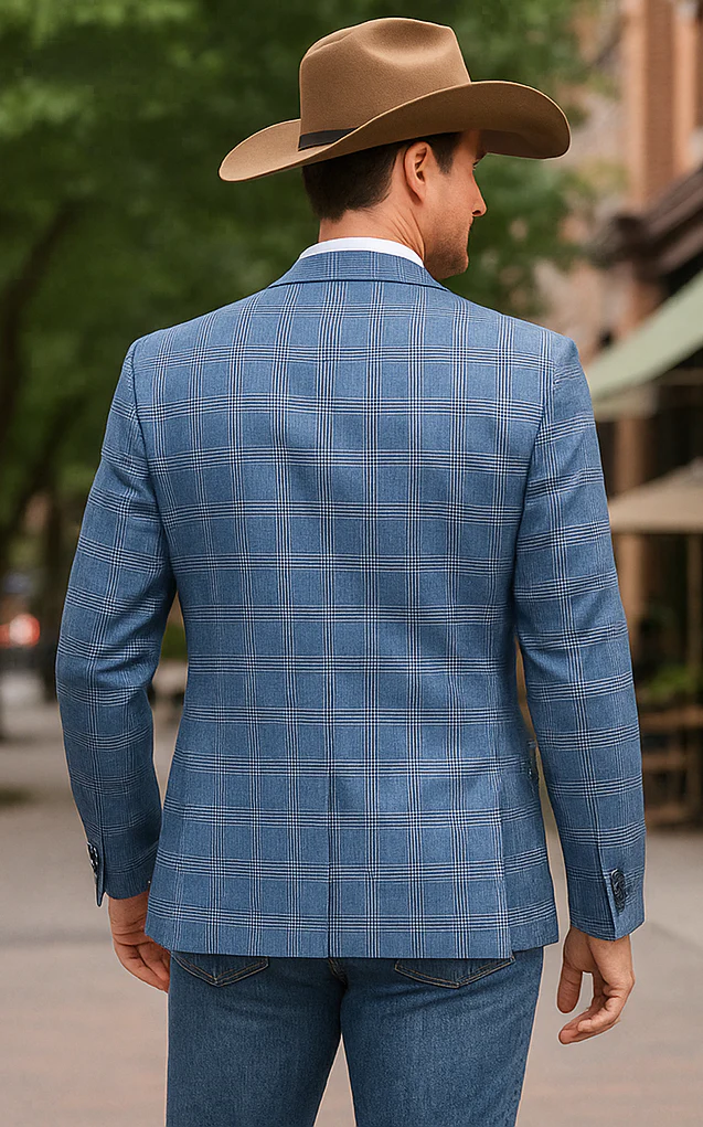 Saco vaquero - Western Sport Coat - Western Blazer- Men's Slim Fit Business Casual Light Blue Plaid Sport Coat - Image 5