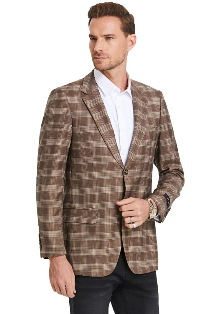 Saco vaquero - Western Sport Coat - Western Blazer- Men's Slim Fit Business Casual Light Brown Glen Plaid Sport Coat - Image 2